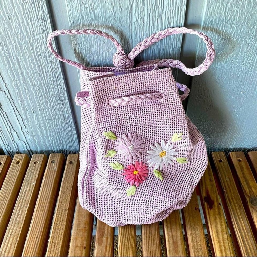 Retro Wicker Woven Floral Purple Bag Straw‎ Rafe Raffia Boho Backpack Sack